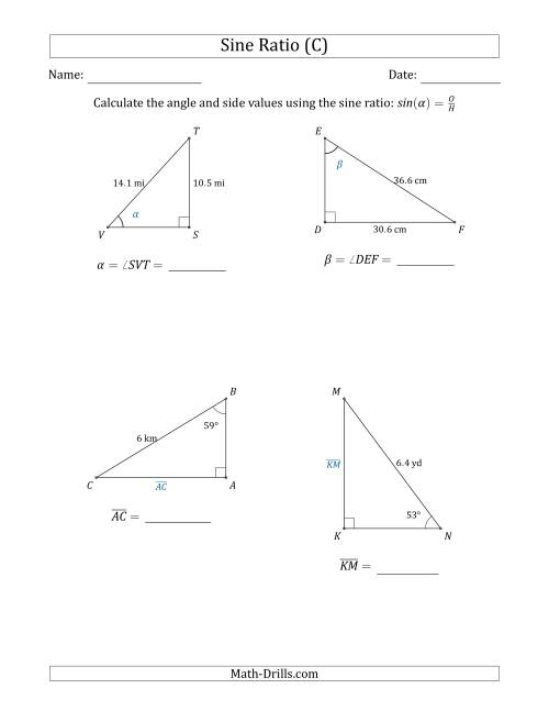 The Calculating Angle and Side Values Using the Sine Ratio (C) Math Worksheet