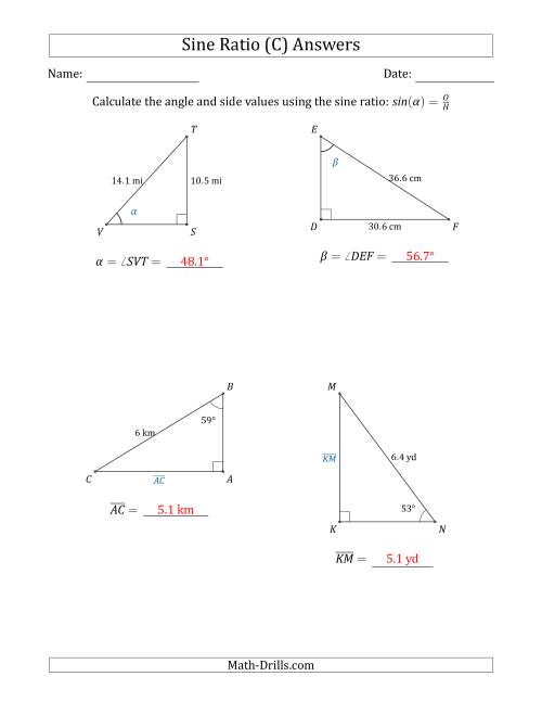 The Calculating Angle and Side Values Using the Sine Ratio (C) Math Worksheet Page 2