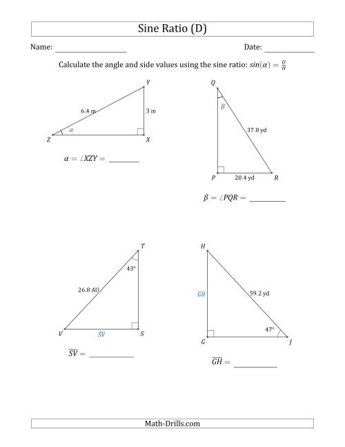 The Calculating Angle and Side Values Using the Sine Ratio (D) Math Worksheet