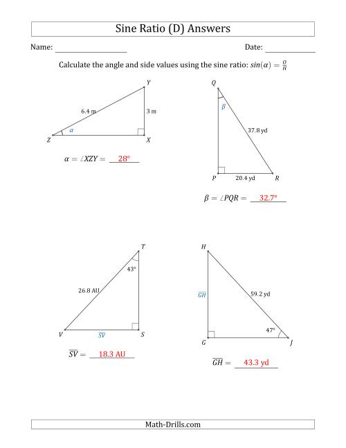 The Calculating Angle and Side Values Using the Sine Ratio (D) Math Worksheet Page 2