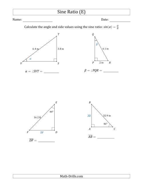 The Calculating Angle and Side Values Using the Sine Ratio (E) Math Worksheet