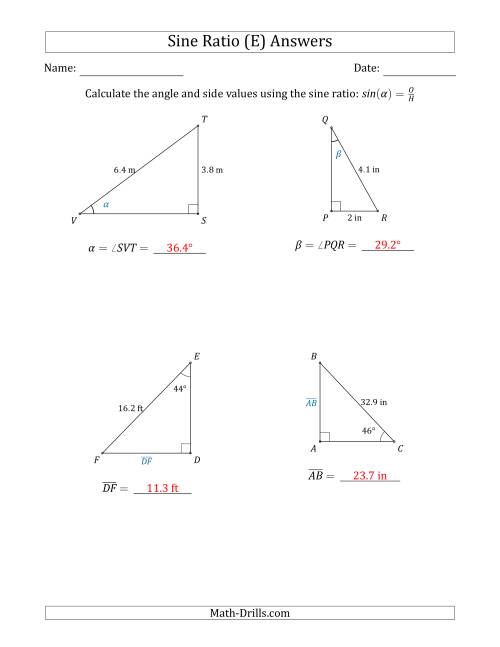 The Calculating Angle and Side Values Using the Sine Ratio (E) Math Worksheet Page 2