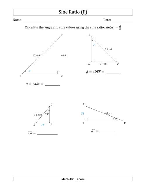 The Calculating Angle and Side Values Using the Sine Ratio (F) Math Worksheet