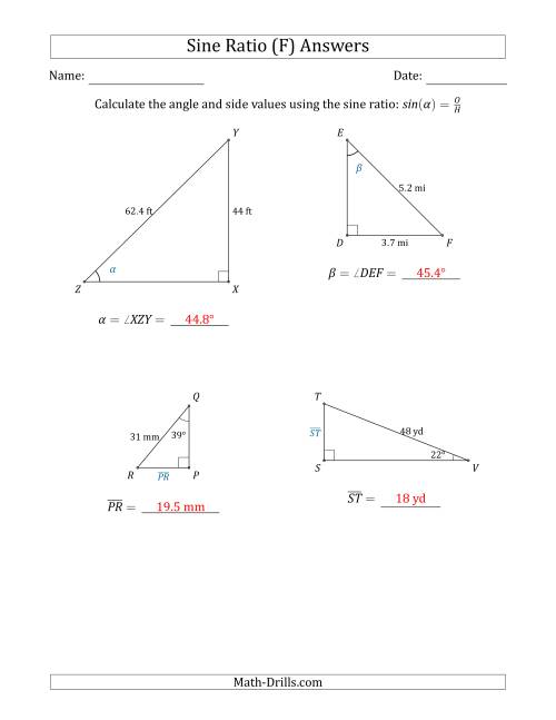 The Calculating Angle and Side Values Using the Sine Ratio (F) Math Worksheet Page 2