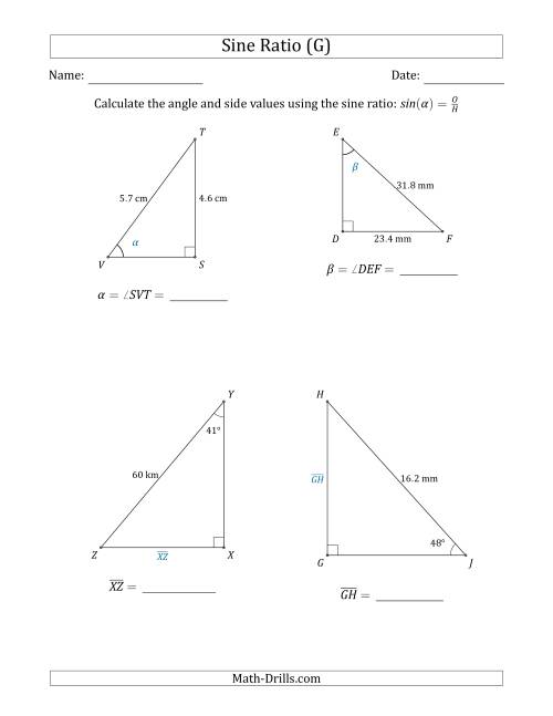 The Calculating Angle and Side Values Using the Sine Ratio (G) Math Worksheet