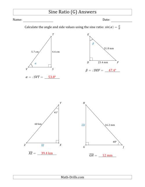The Calculating Angle and Side Values Using the Sine Ratio (G) Math Worksheet Page 2