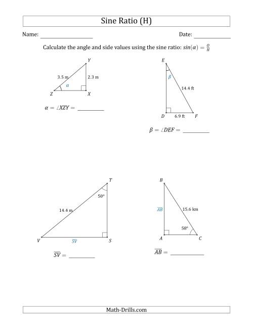 The Calculating Angle and Side Values Using the Sine Ratio (H) Math Worksheet