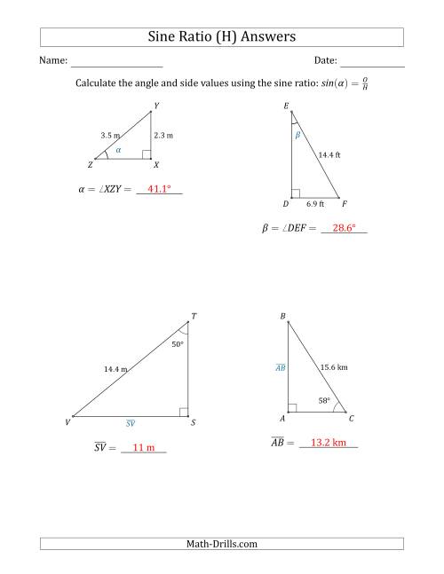 The Calculating Angle and Side Values Using the Sine Ratio (H) Math Worksheet Page 2