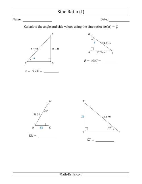 The Calculating Angle and Side Values Using the Sine Ratio (I) Math Worksheet