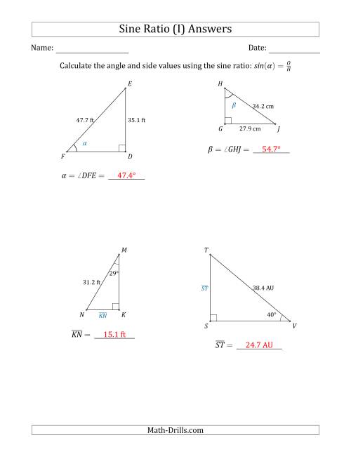 The Calculating Angle and Side Values Using the Sine Ratio (I) Math Worksheet Page 2