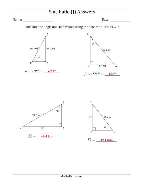 The Calculating Angle and Side Values Using the Sine Ratio (J) Math Worksheet Page 2