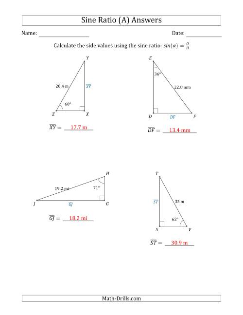 The Calculating Side Values Using the Sine Ratio (A) Math Worksheet Page 2