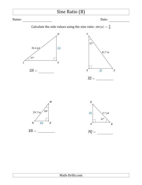 The Calculating Side Values Using the Sine Ratio (B) Math Worksheet