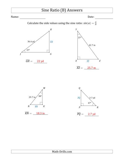 The Calculating Side Values Using the Sine Ratio (B) Math Worksheet Page 2