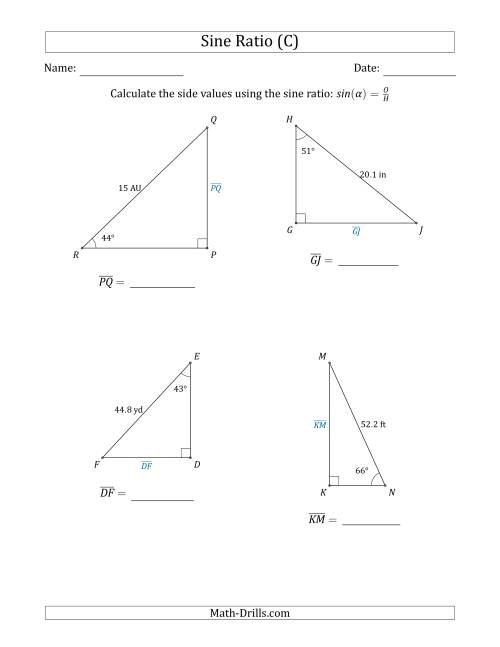 The Calculating Side Values Using the Sine Ratio (C) Math Worksheet
