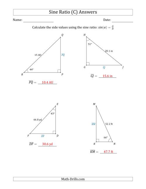 The Calculating Side Values Using the Sine Ratio (C) Math Worksheet Page 2
