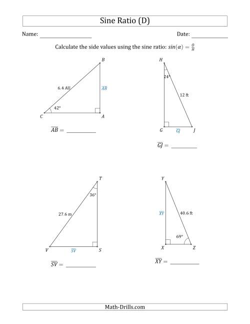 The Calculating Side Values Using the Sine Ratio (D) Math Worksheet