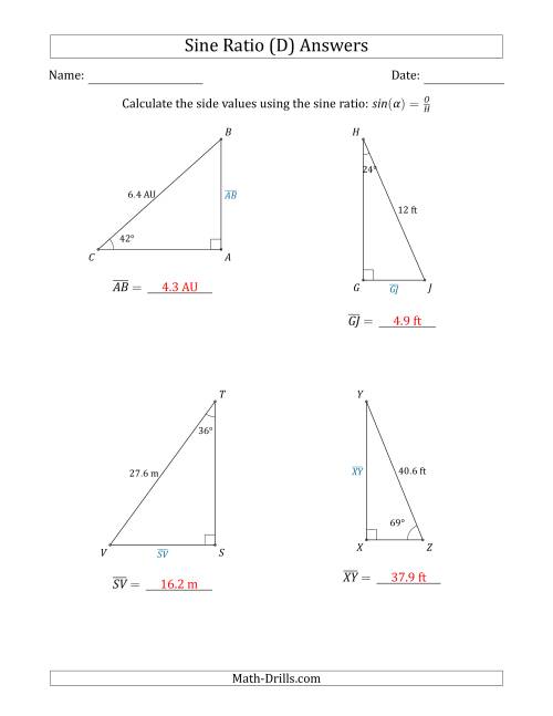 The Calculating Side Values Using the Sine Ratio (D) Math Worksheet Page 2