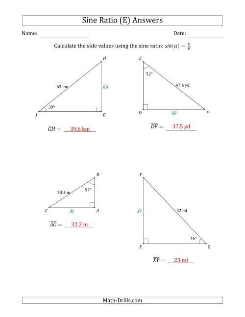 The Calculating Side Values Using the Sine Ratio (E) Math Worksheet Page 2