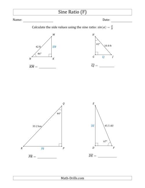 The Calculating Side Values Using the Sine Ratio (F) Math Worksheet