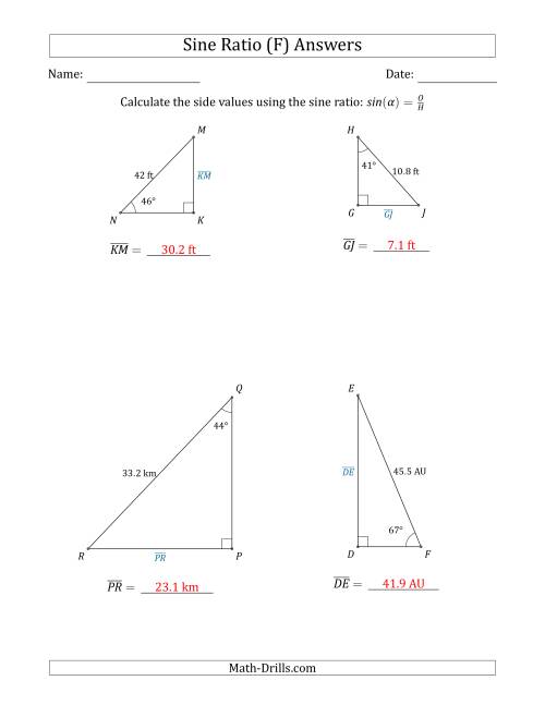The Calculating Side Values Using the Sine Ratio (F) Math Worksheet Page 2