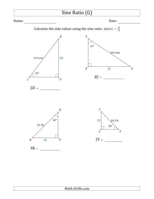 The Calculating Side Values Using the Sine Ratio (G) Math Worksheet
