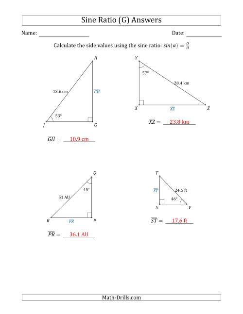The Calculating Side Values Using the Sine Ratio (G) Math Worksheet Page 2