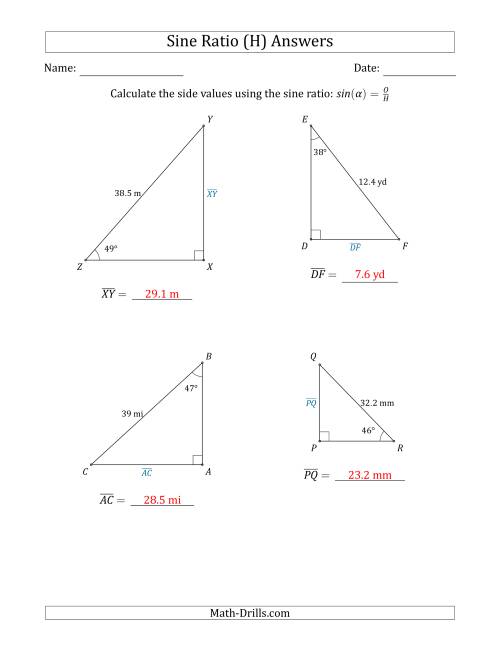 The Calculating Side Values Using the Sine Ratio (H) Math Worksheet Page 2