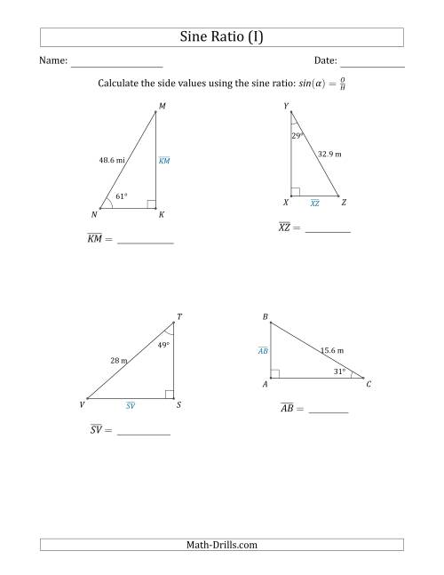 The Calculating Side Values Using the Sine Ratio (I) Math Worksheet