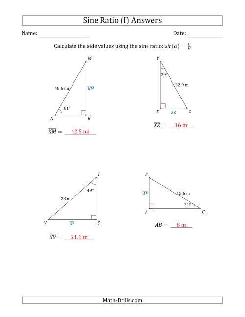The Calculating Side Values Using the Sine Ratio (I) Math Worksheet Page 2