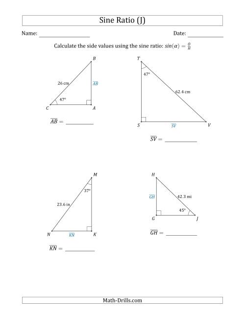 The Calculating Side Values Using the Sine Ratio (J) Math Worksheet