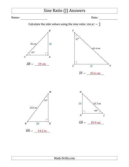 The Calculating Side Values Using the Sine Ratio (J) Math Worksheet Page 2