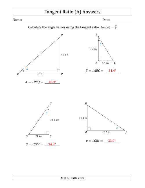 The Calculating Angle Values Using the Tangent Ratio (A) Math Worksheet Page 2
