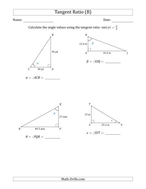 The Calculating Angle Values Using the Tangent Ratio (B) Math Worksheet