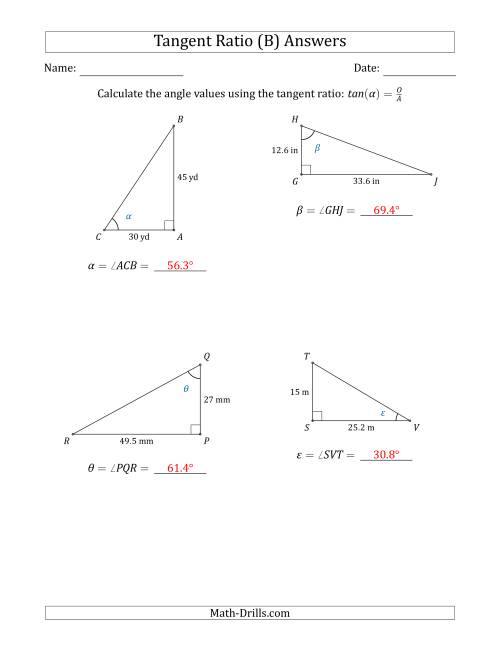 The Calculating Angle Values Using the Tangent Ratio (B) Math Worksheet Page 2