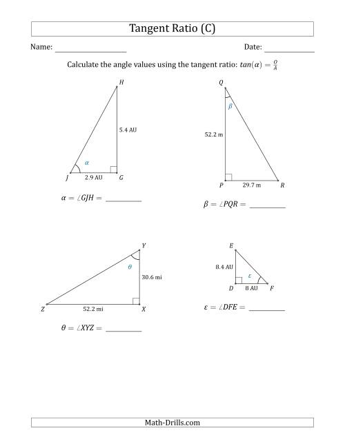 The Calculating Angle Values Using the Tangent Ratio (C) Math Worksheet