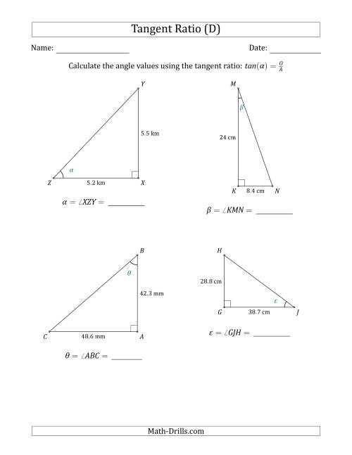 The Calculating Angle Values Using the Tangent Ratio (D) Math Worksheet