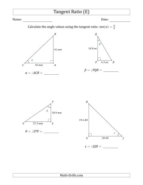 The Calculating Angle Values Using the Tangent Ratio (E) Math Worksheet