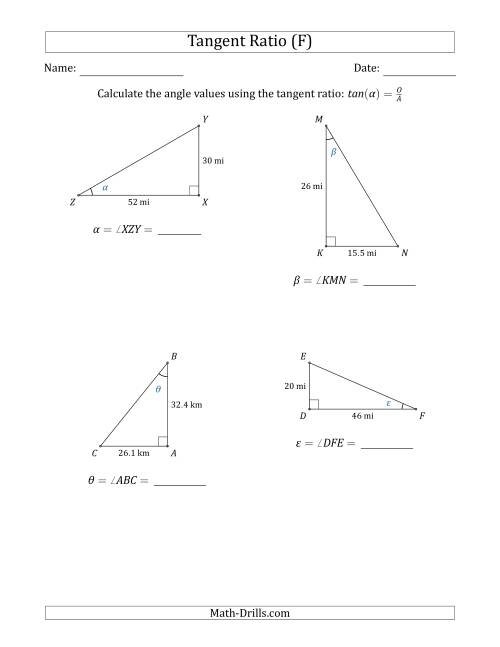 The Calculating Angle Values Using the Tangent Ratio (F) Math Worksheet