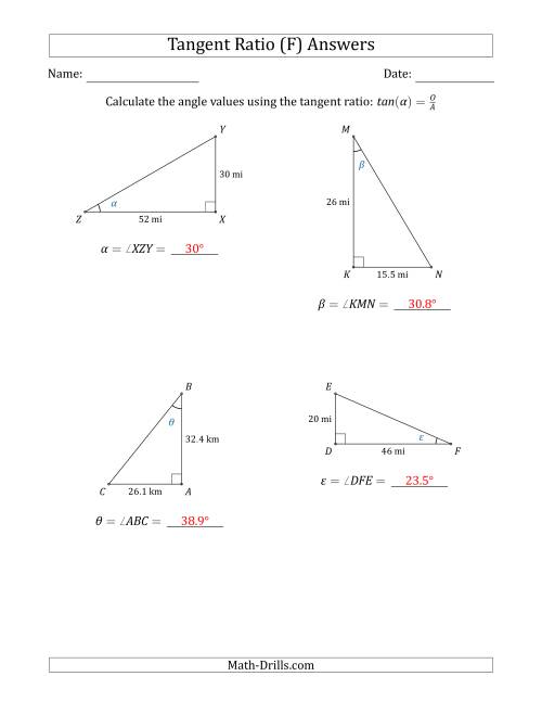 The Calculating Angle Values Using the Tangent Ratio (F) Math Worksheet Page 2
