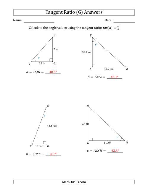 The Calculating Angle Values Using the Tangent Ratio (G) Math Worksheet Page 2
