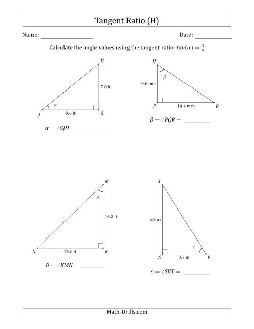 The Calculating Angle Values Using the Tangent Ratio (H) Math Worksheet