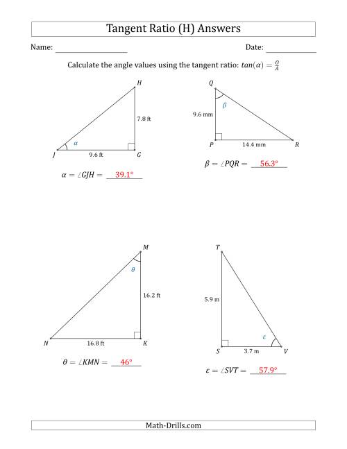 The Calculating Angle Values Using the Tangent Ratio (H) Math Worksheet Page 2