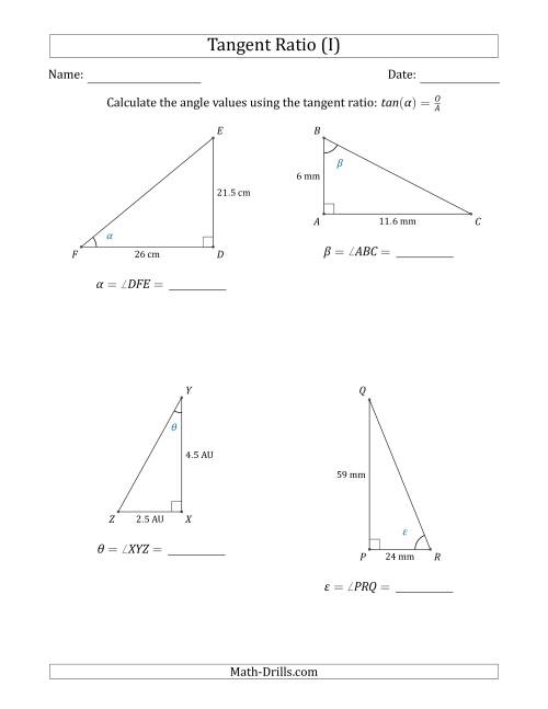 The Calculating Angle Values Using the Tangent Ratio (I) Math Worksheet