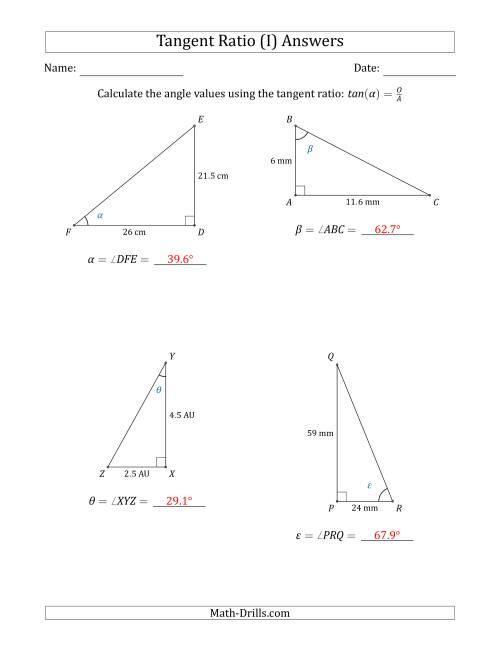 The Calculating Angle Values Using the Tangent Ratio (I) Math Worksheet Page 2