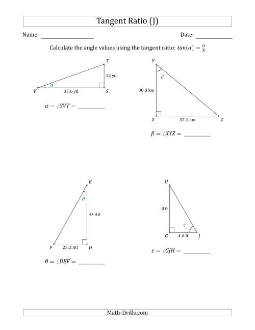 The Calculating Angle Values Using the Tangent Ratio (J) Math Worksheet