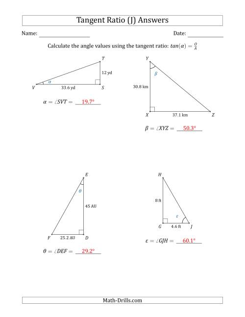 The Calculating Angle Values Using the Tangent Ratio (J) Math Worksheet Page 2