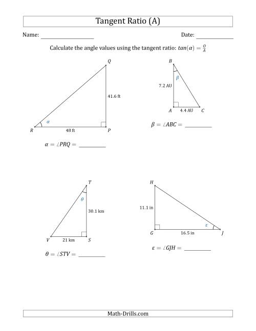 The Calculating Angle Values Using the Tangent Ratio (All) Math Worksheet