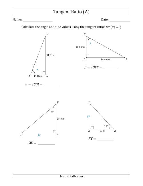 The Calculating Angle and Side Values Using the Tangent Ratio (A) Math Worksheet