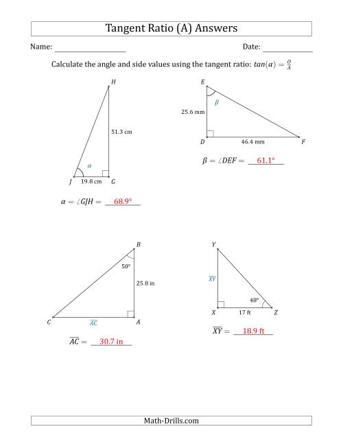 The Calculating Angle and Side Values Using the Tangent Ratio (A) Math Worksheet Page 2